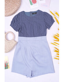 Fine Lace Top Front Pleated Layer Textured Playsuit (Grey Blue + Light Blue)